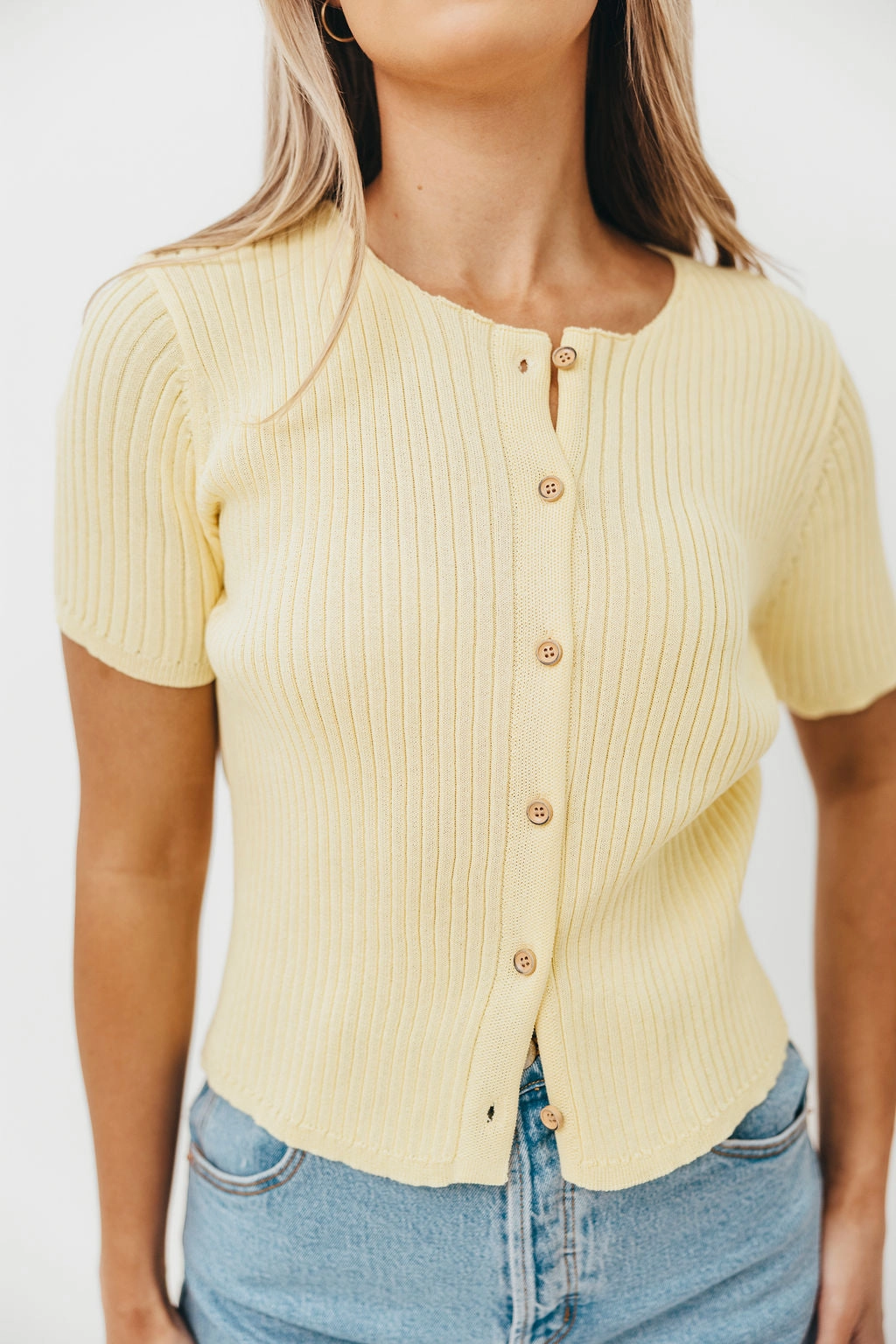 Meg Raw Edge Button Up Ribbed Knit Top in Light Yellow