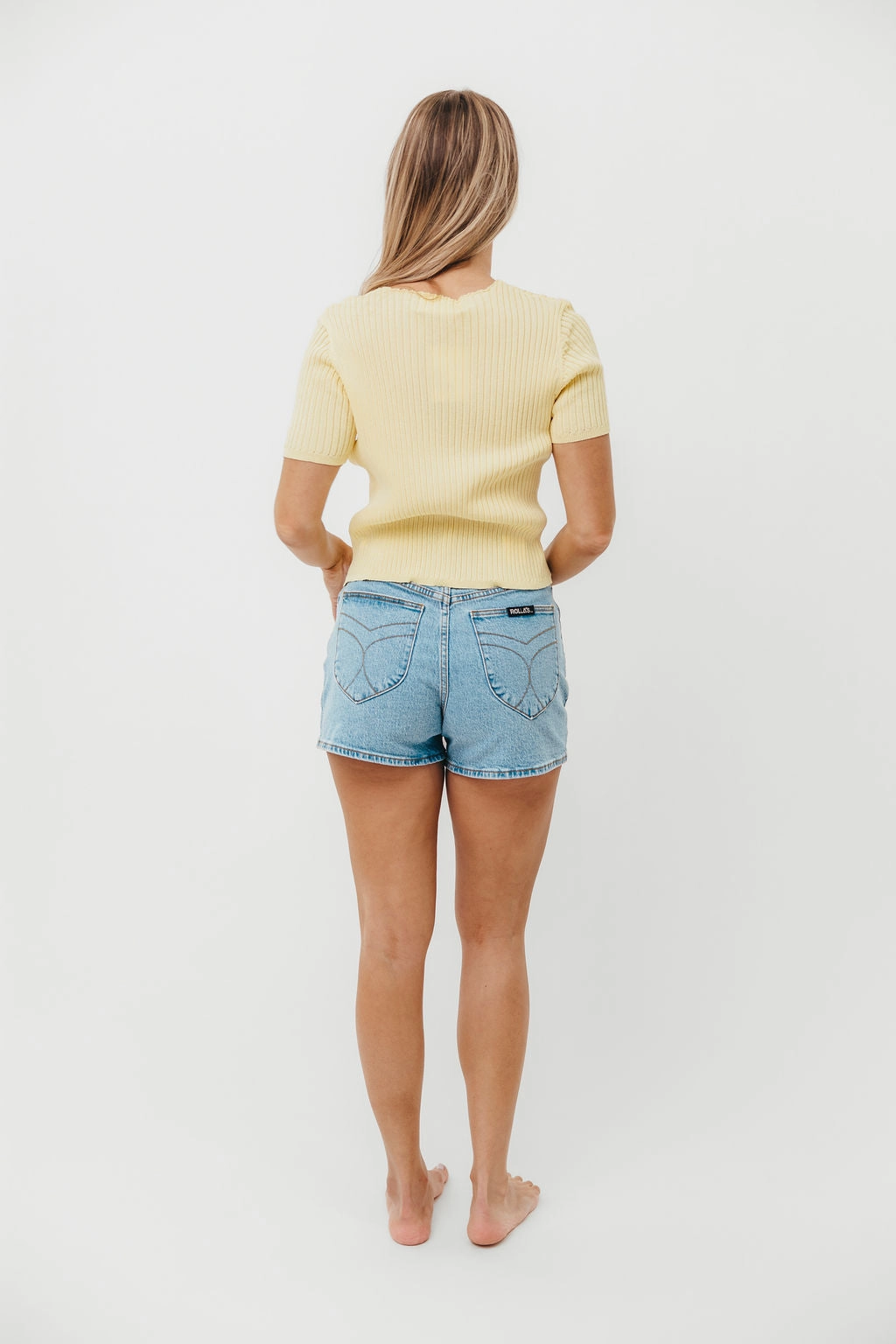 Meg Raw Edge Button Up Ribbed Knit Top in Light Yellow