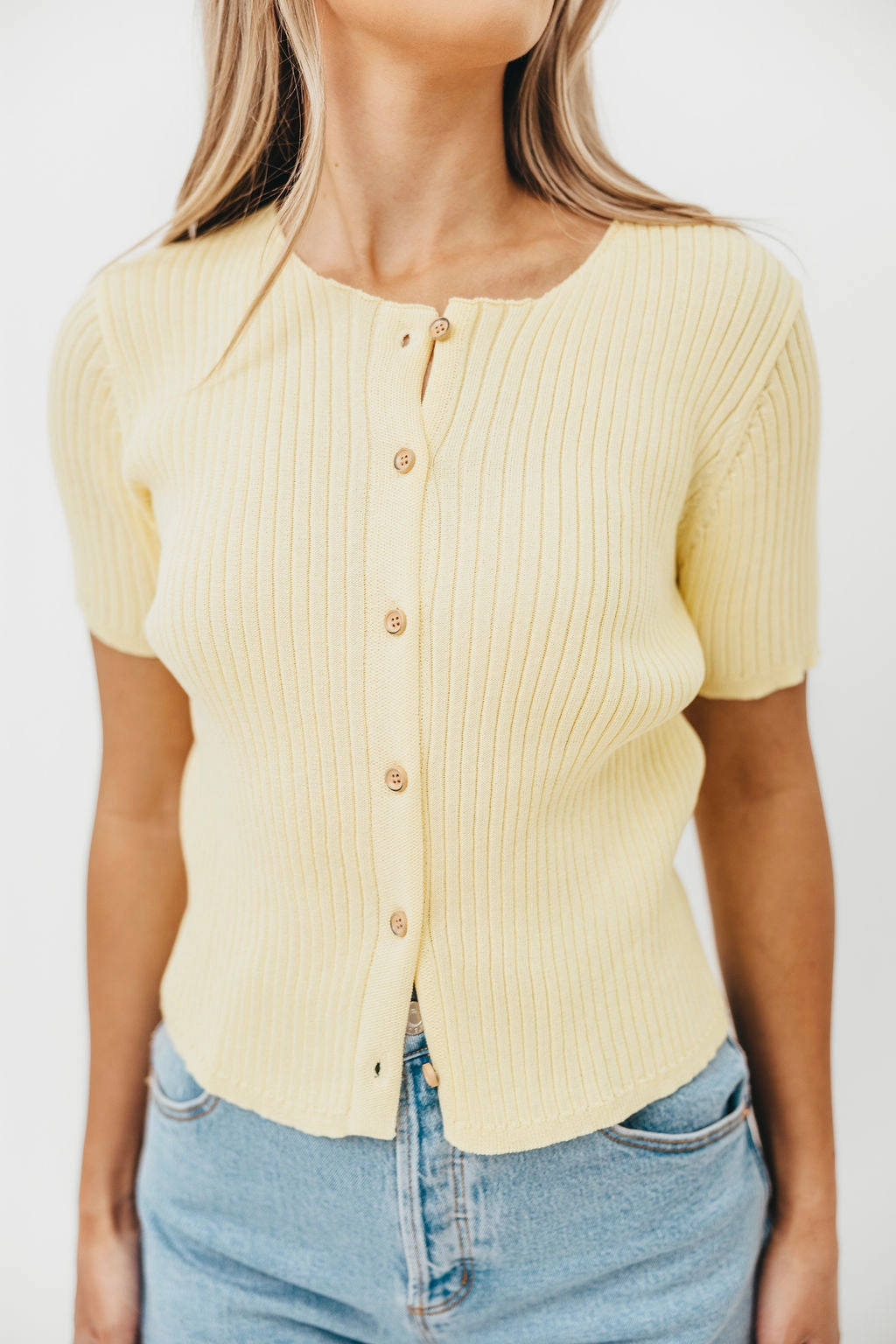 Meg Raw Edge Button Up Ribbed Knit Top in Light Yellow