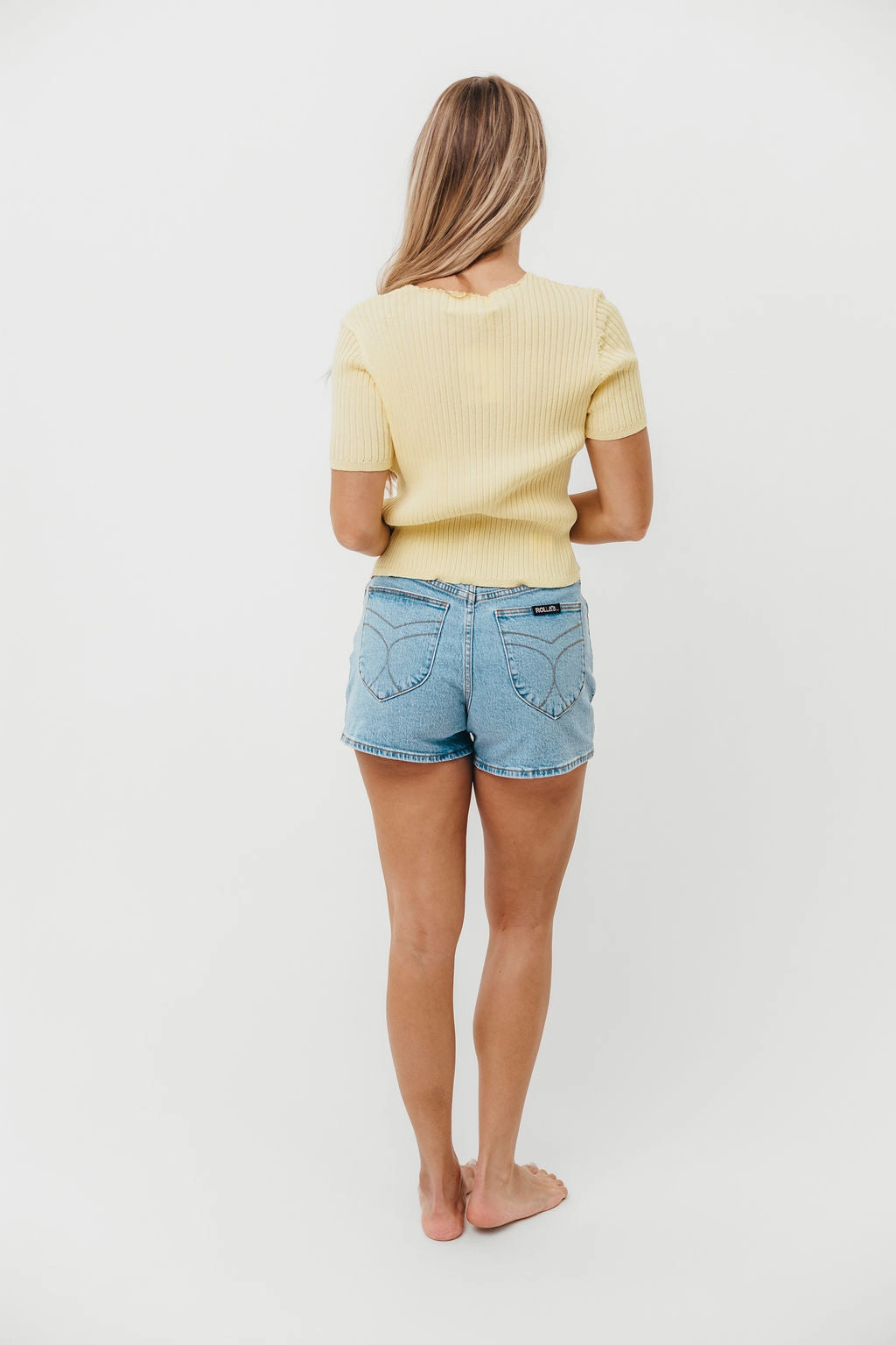 Meg Raw Edge Button Up Ribbed Knit Top in Light Yellow