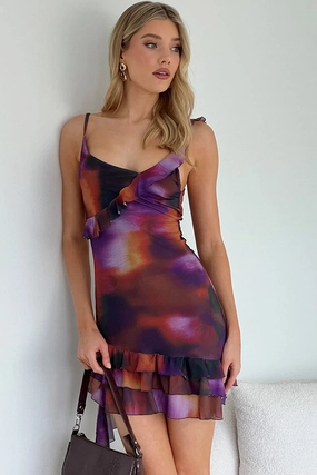 Multi Abstract Bodycon Dress Ruffle Hem Mini Mesh