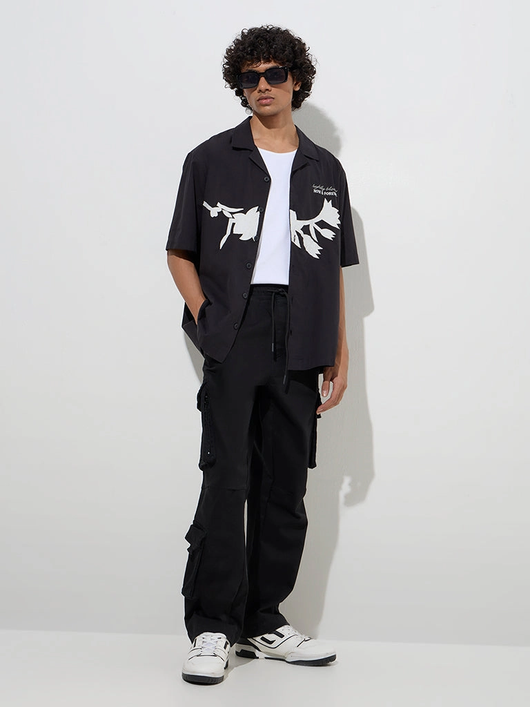 Nuon Black Relaxed-Fit Mid-Rise Cotton-Blend Pants