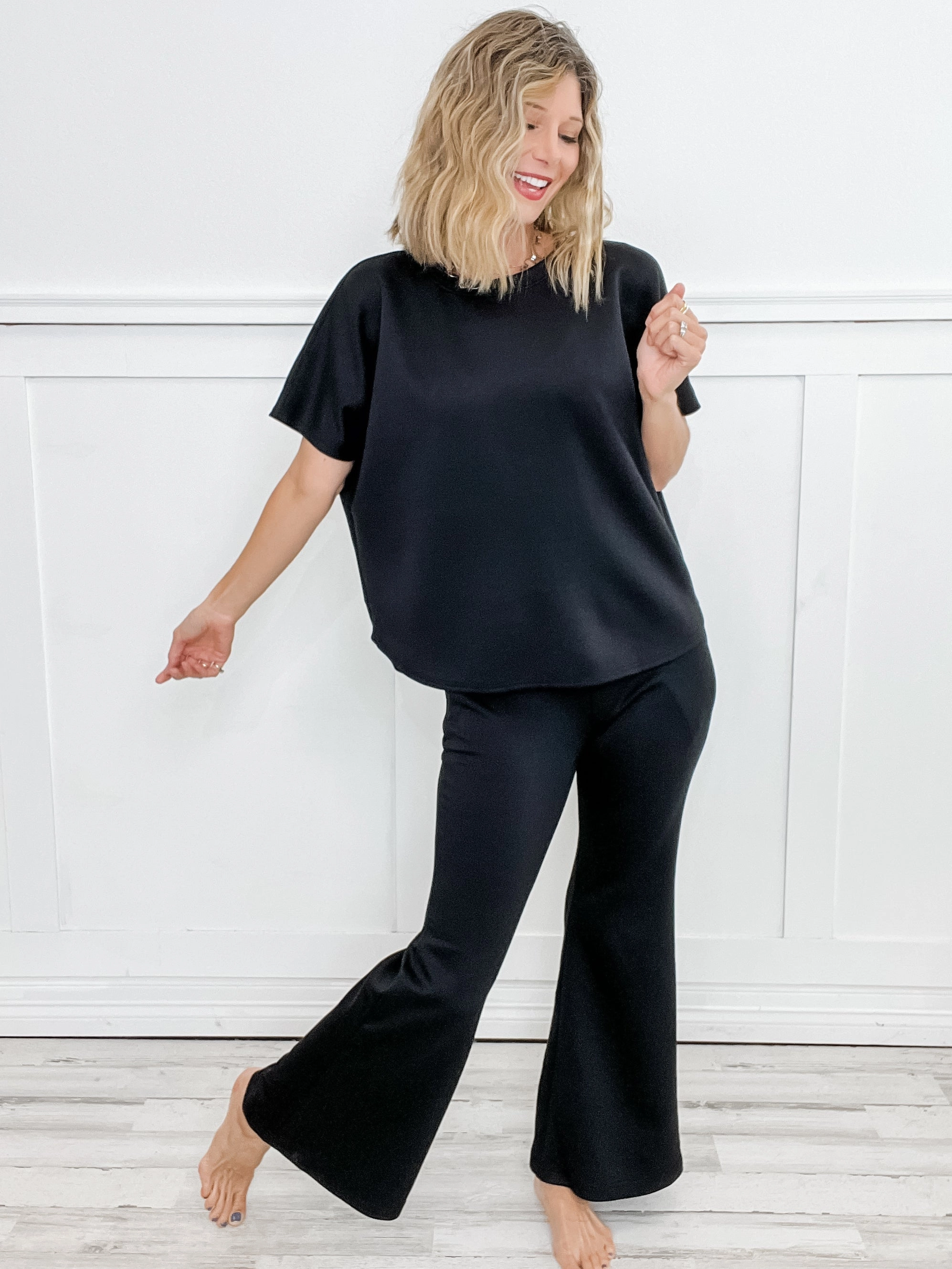 Paris Short Sleeve Top with Wide Leg Pants Set in Black