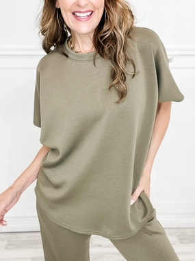 Paris Short Sleeve Top with Wide Leg Pants Set in Olive