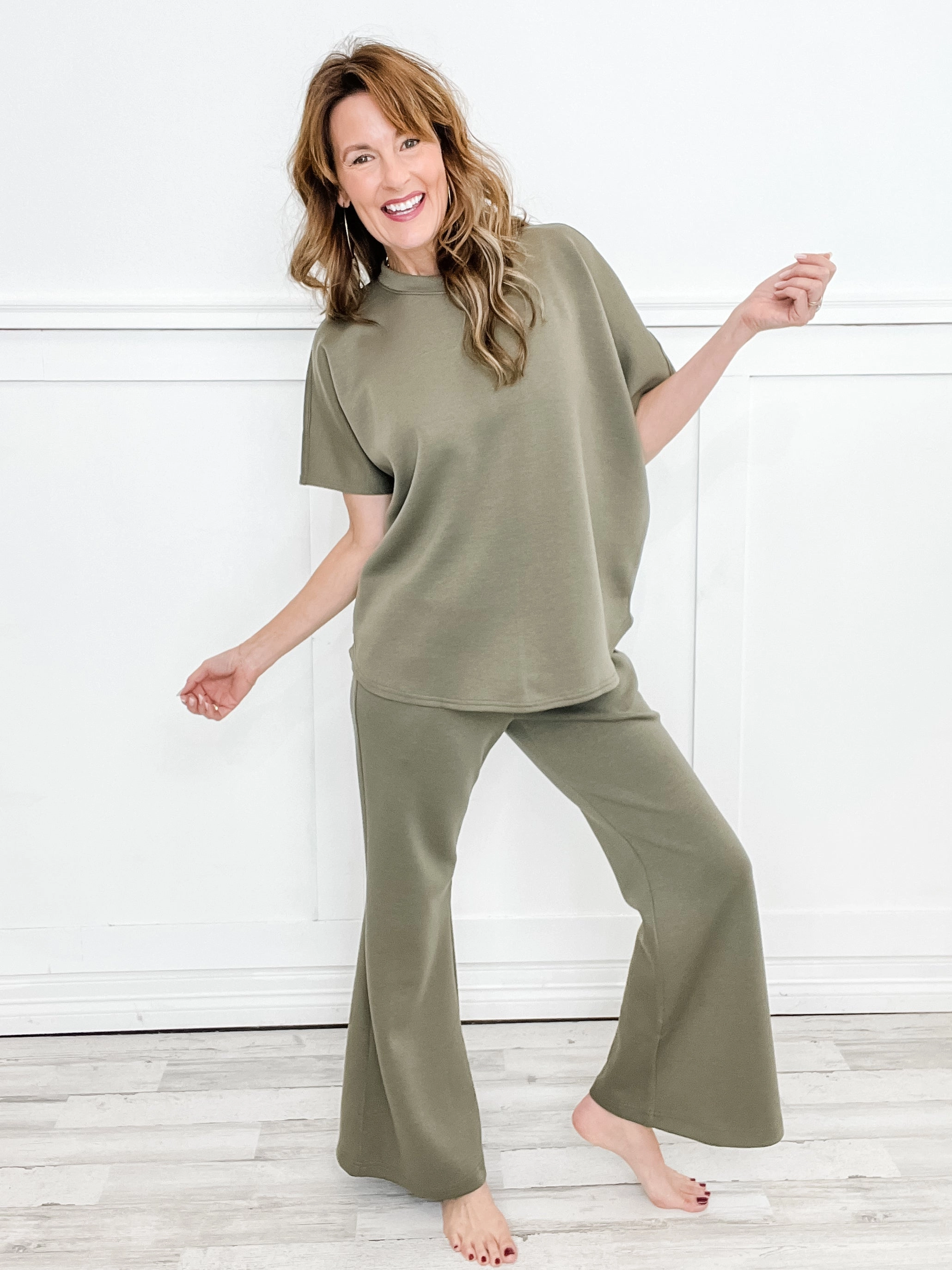 Paris Short Sleeve Top with Wide Leg Pants Set in Olive