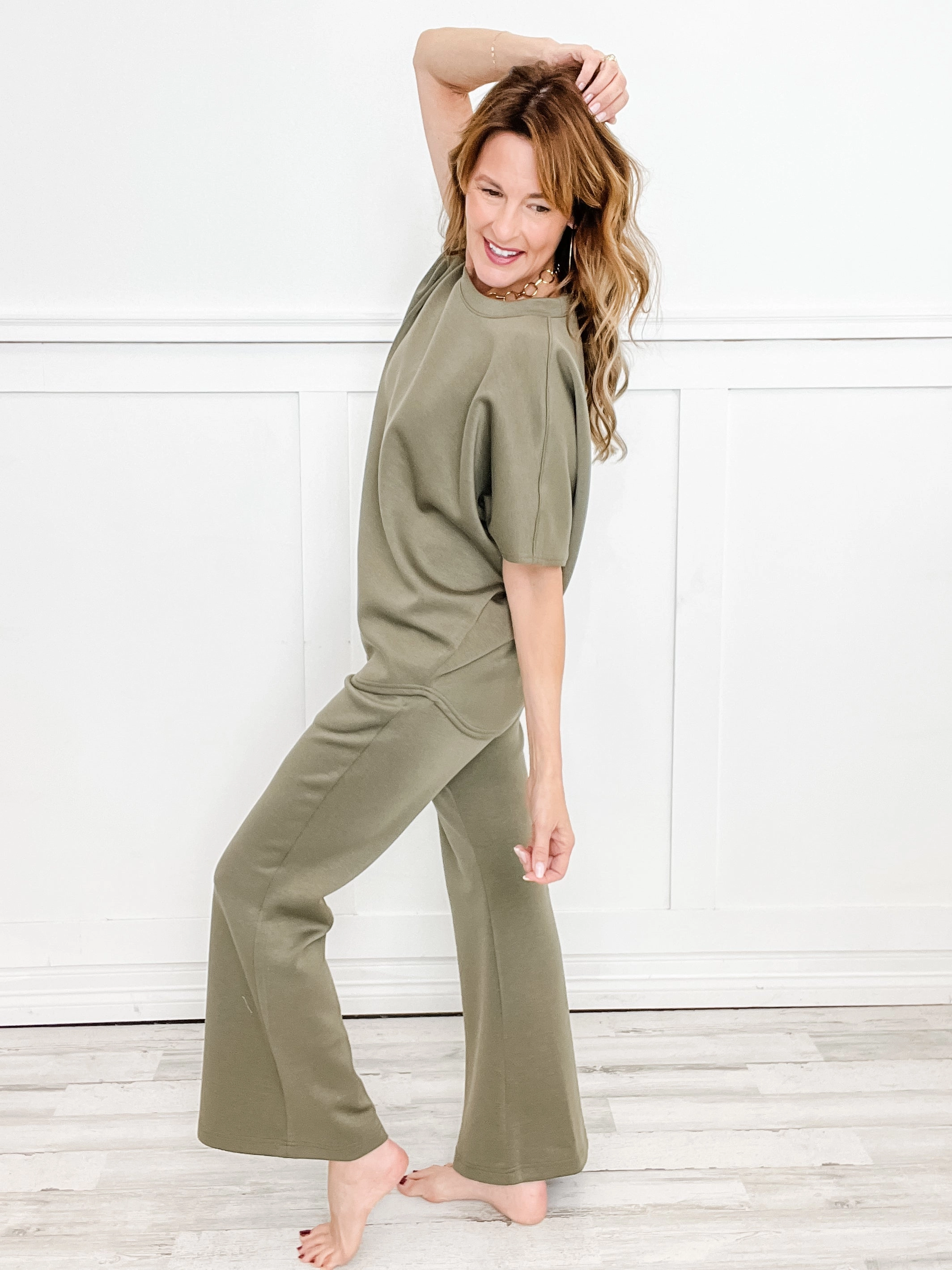 Paris Short Sleeve Top with Wide Leg Pants Set in Olive