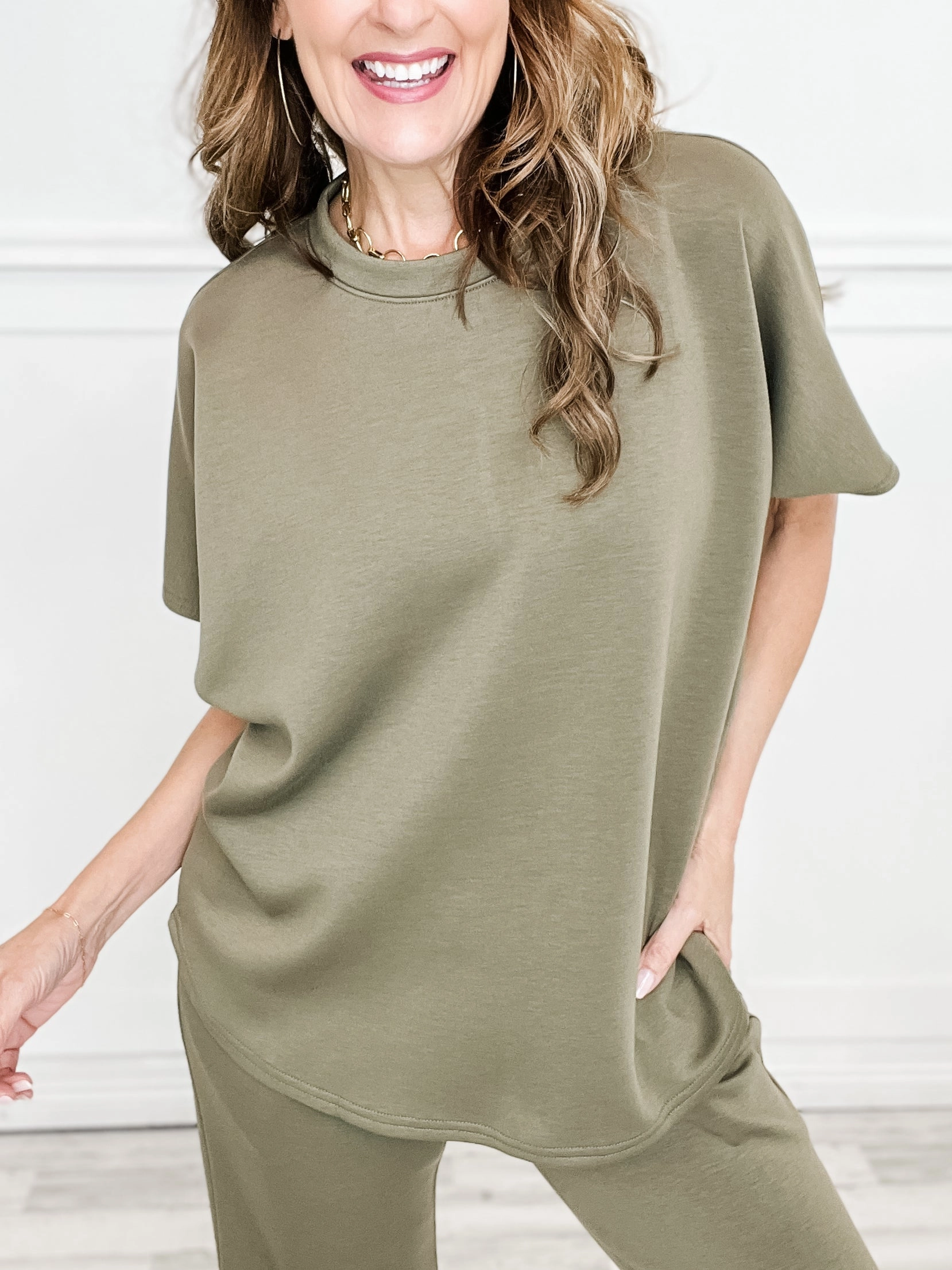 Paris Short Sleeve Top with Wide Leg Pants Set in Olive