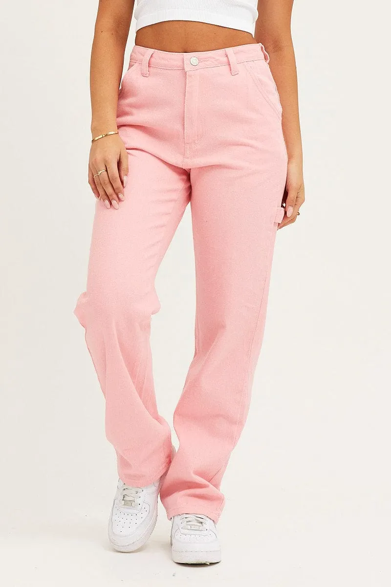 Pink Carpenter Denim Jeans High Rise