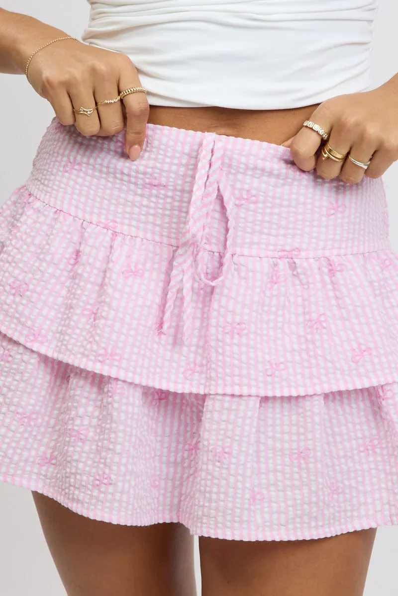 Pink Stripe Ruffle Mini Skirt High Rise Shirred Back Tiered