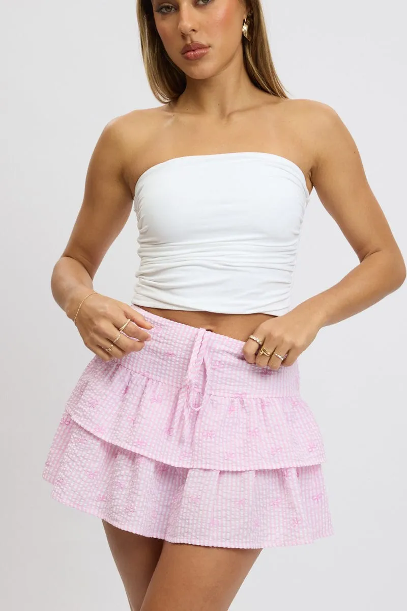 Pink Stripe Ruffle Mini Skirt High Rise Shirred Back Tiered