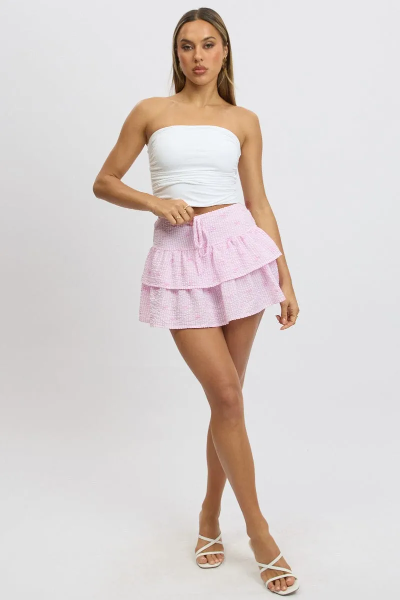 Pink Stripe Ruffle Mini Skirt High Rise Shirred Back Tiered