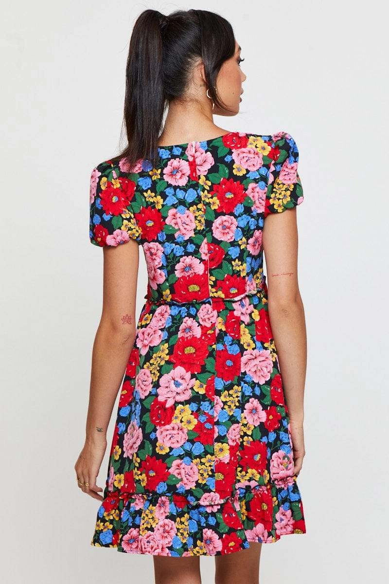 Print Fit And Flare Dress Short Sleeve V Neck