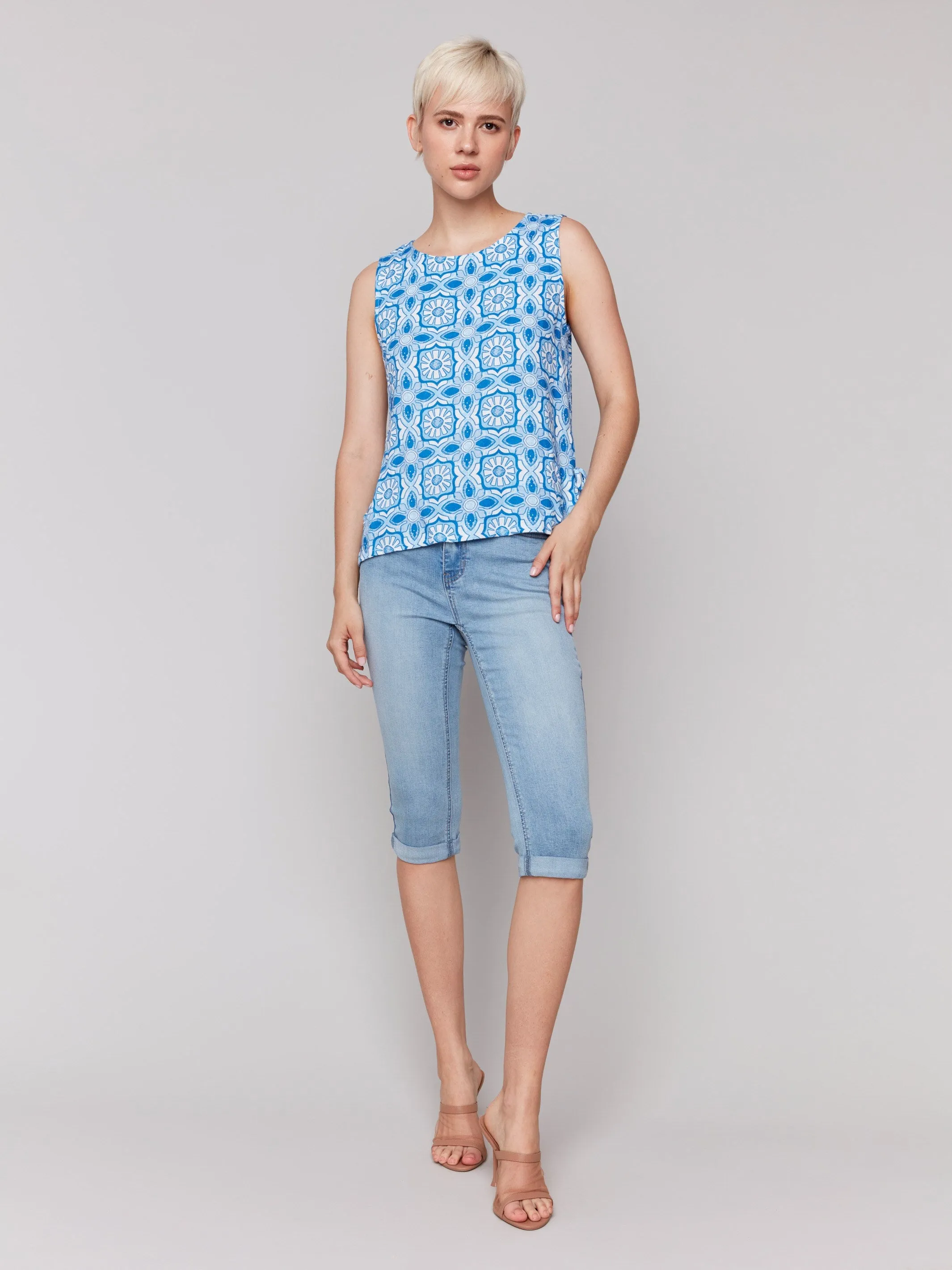 Printed Sleeveless Linen Blend Top with Side Ties - Illusion