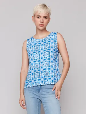 Printed Sleeveless Linen Blend Top with Side Ties - Illusion