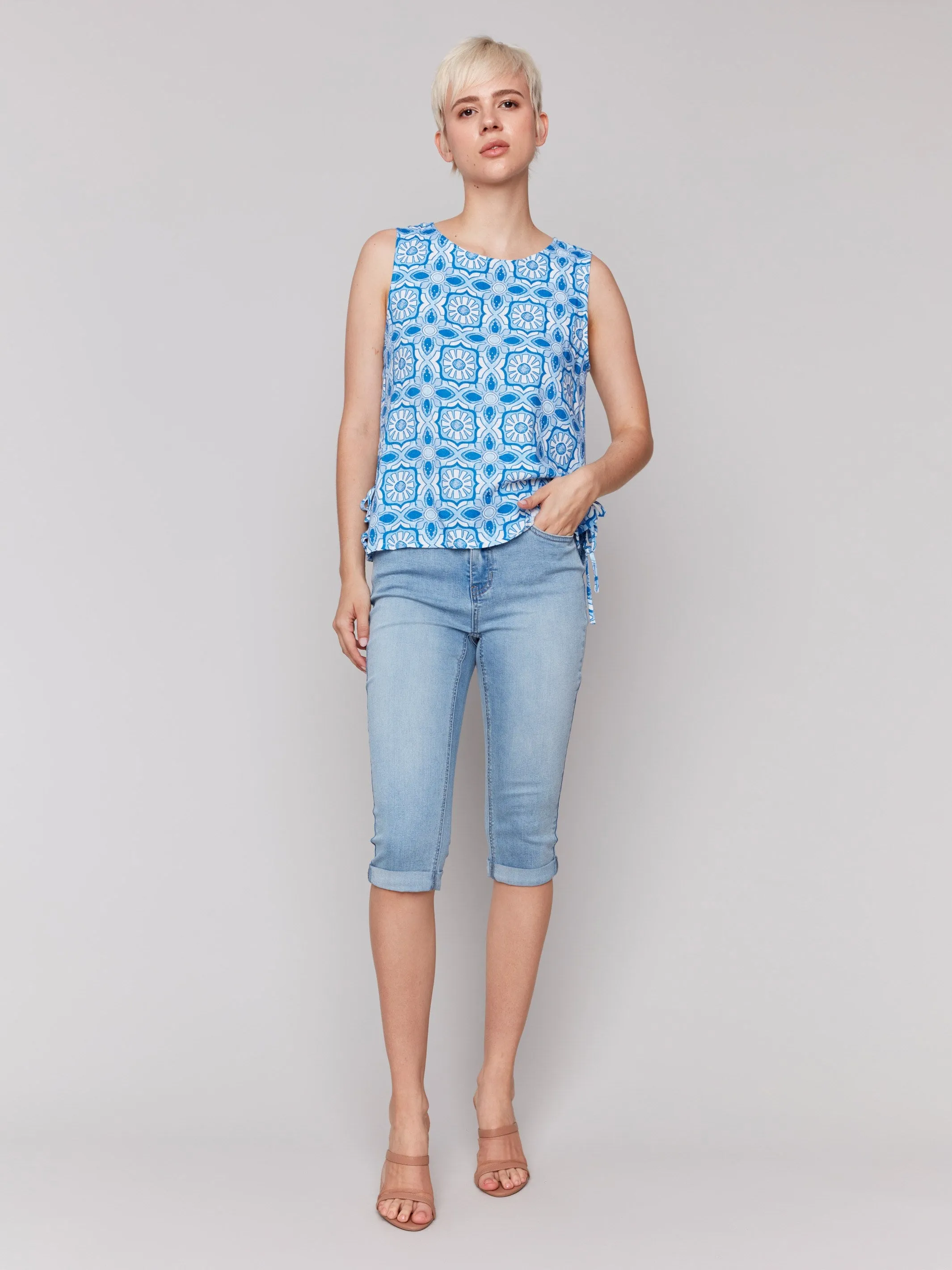 Printed Sleeveless Linen Blend Top with Side Ties - Illusion
