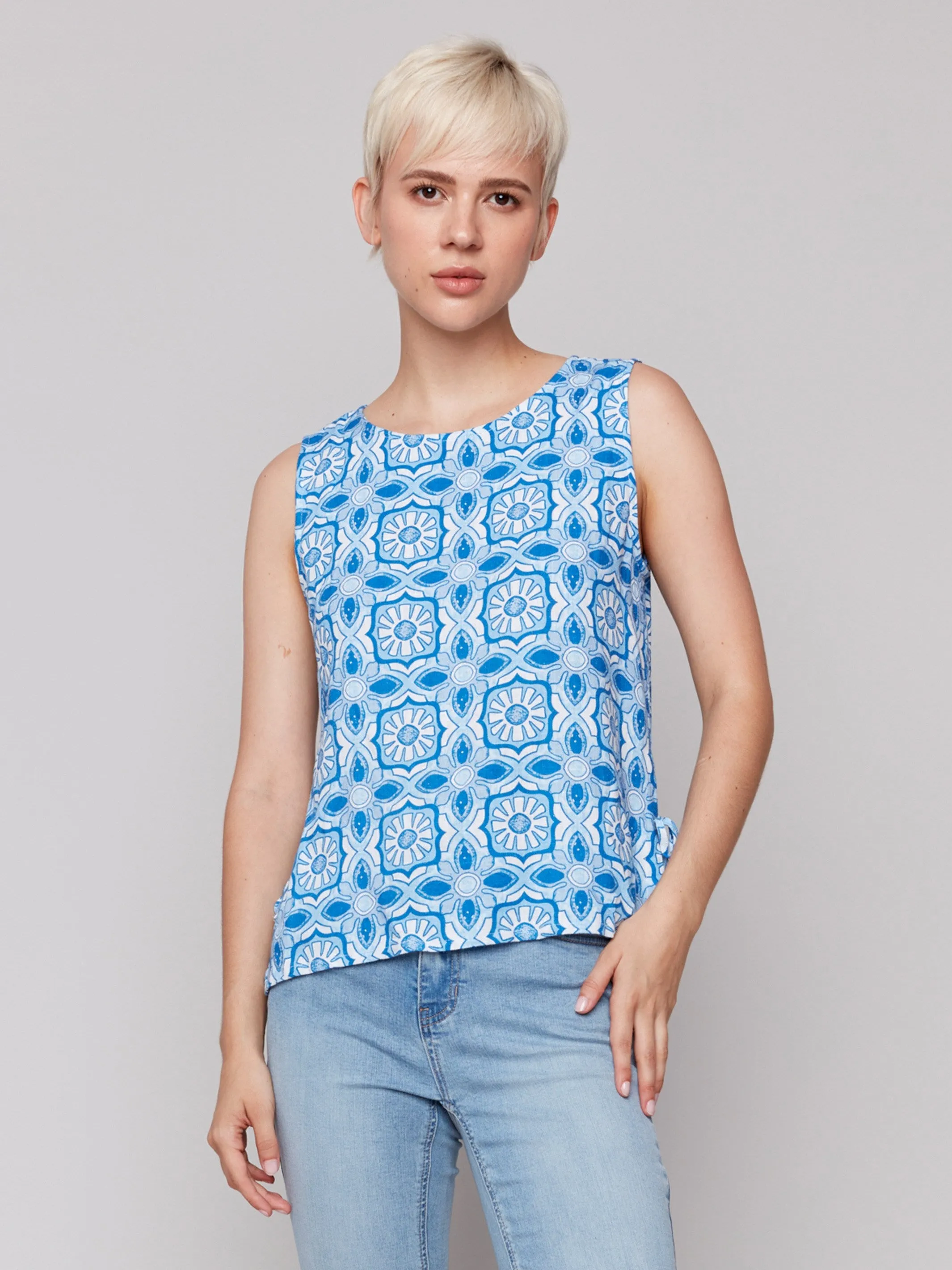 Printed Sleeveless Linen Blend Top with Side Ties - Illusion
