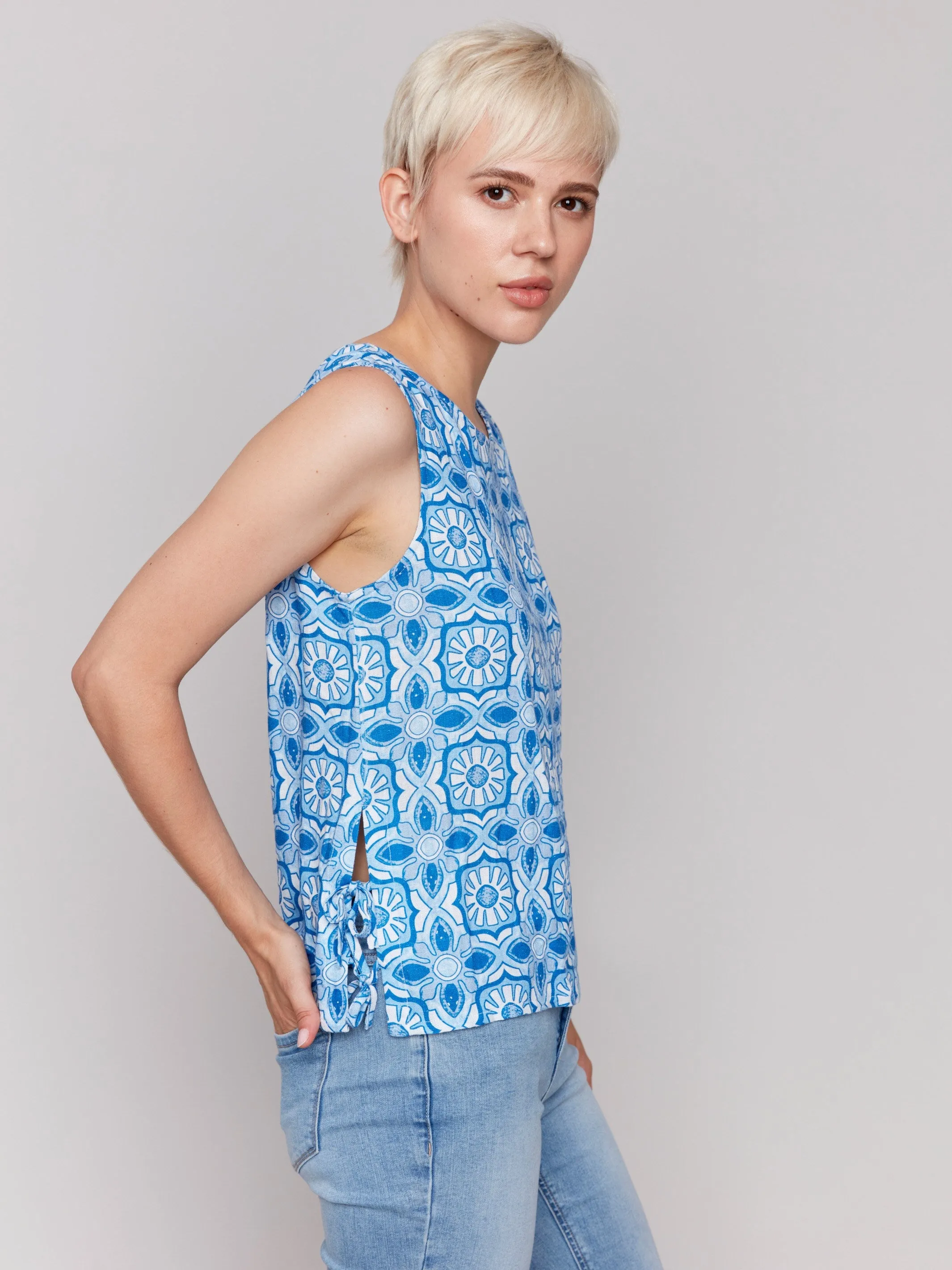 Printed Sleeveless Linen Blend Top with Side Ties - Illusion