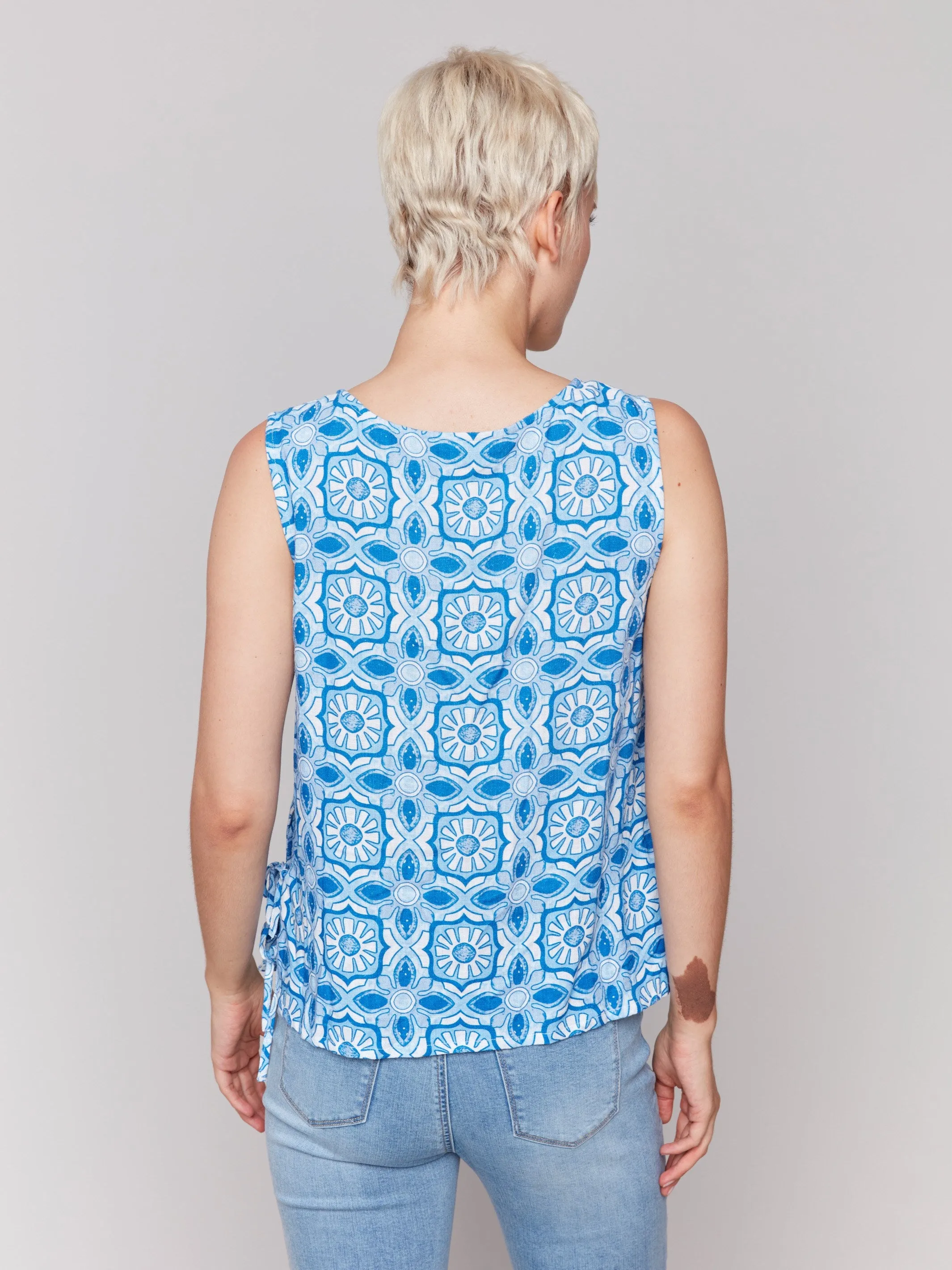 Printed Sleeveless Linen Blend Top with Side Ties - Illusion