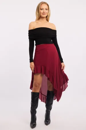 Red Frill Skirt High Waisted High Low Midi