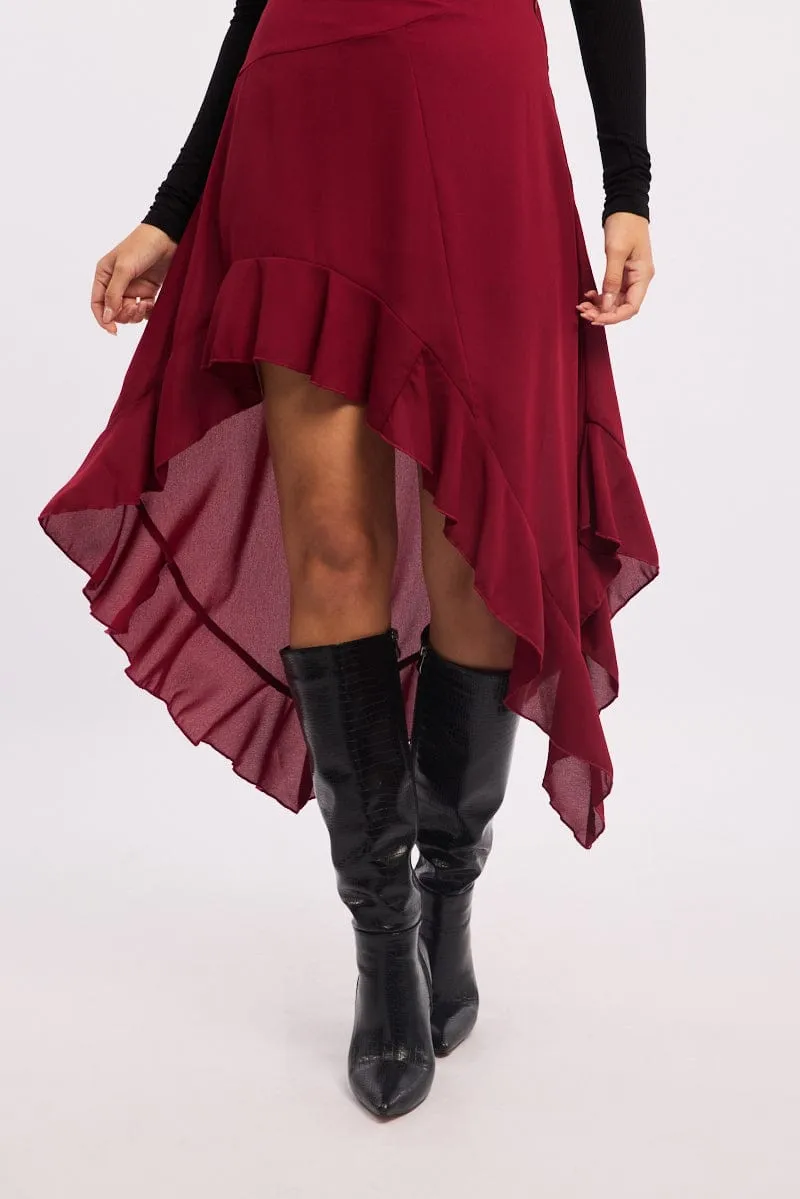 Red Frill Skirt High Waisted High Low Midi