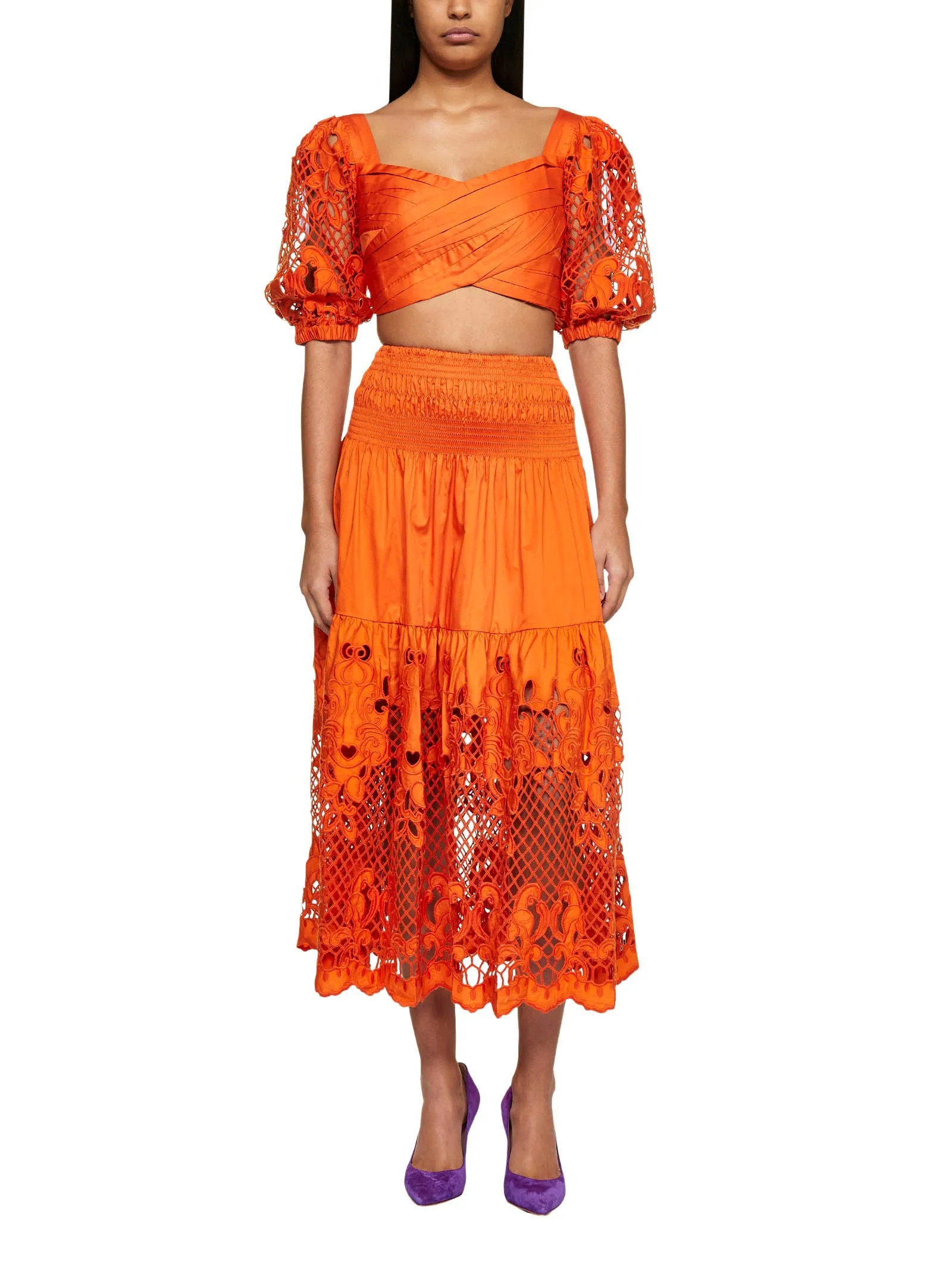 Self-Portrait Lattice Embroidered Midi Skirt