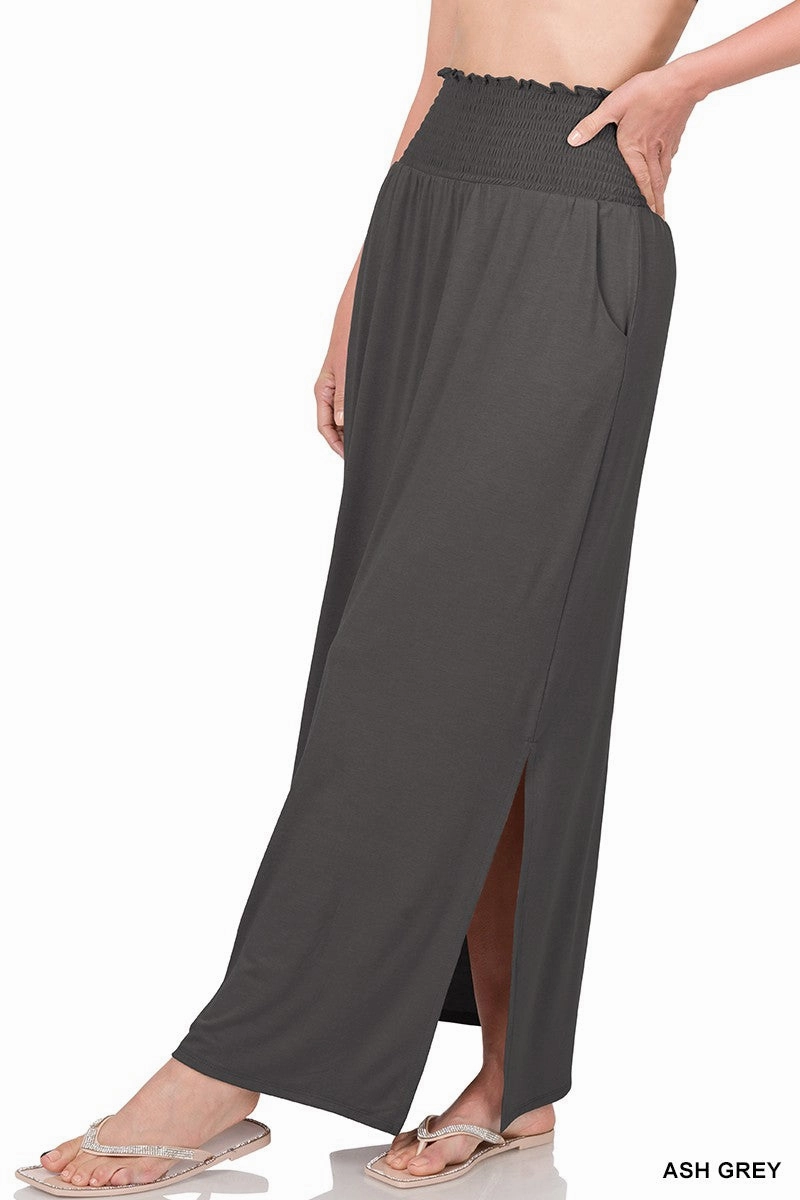 Smocked Waist Side Slit Maxi Skirt w/ Pockets Part 1 | FINAL SALE