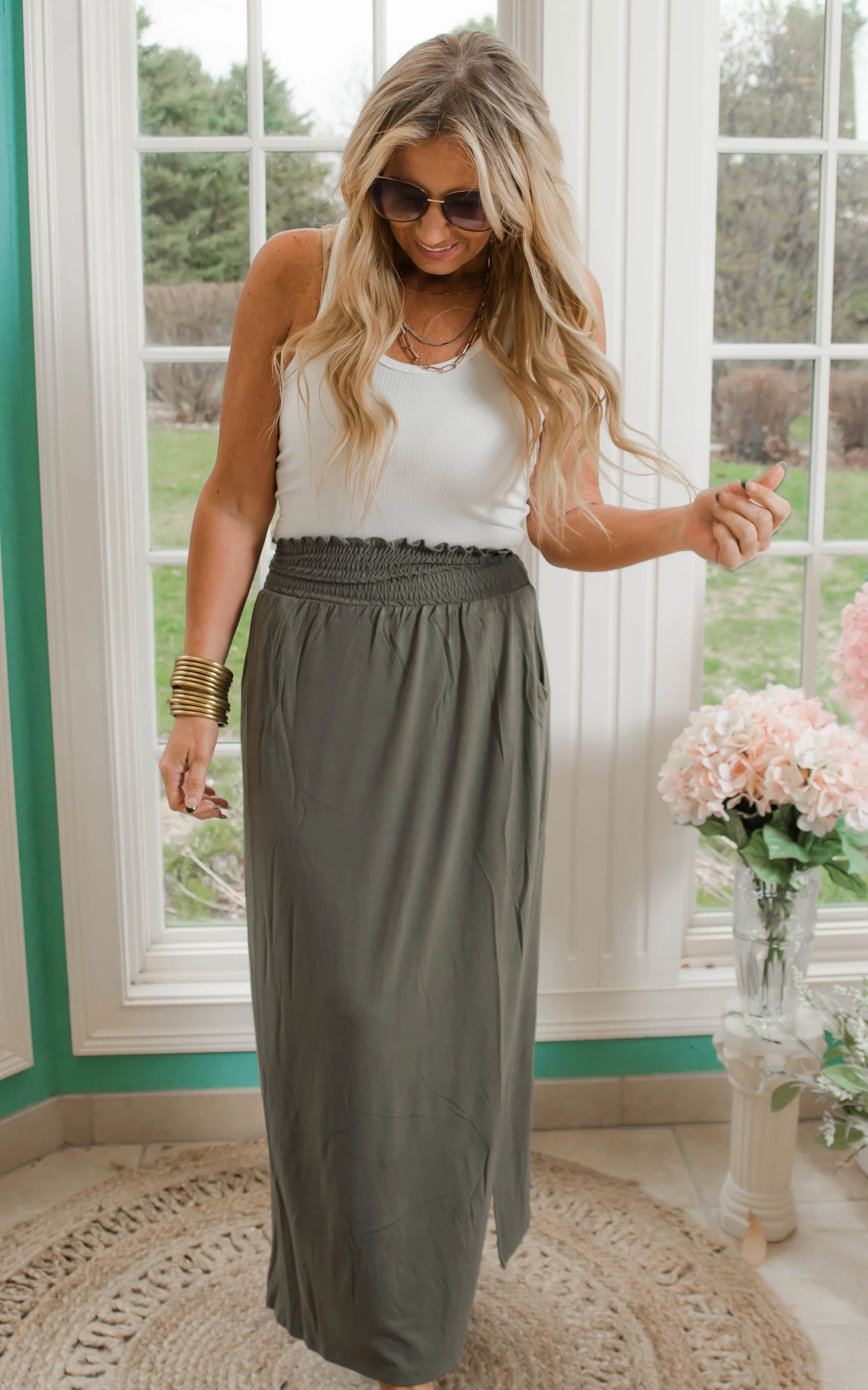 Smocked Waist Side Slit Maxi Skirt w/ Pockets Part 2 | FINAL SALE