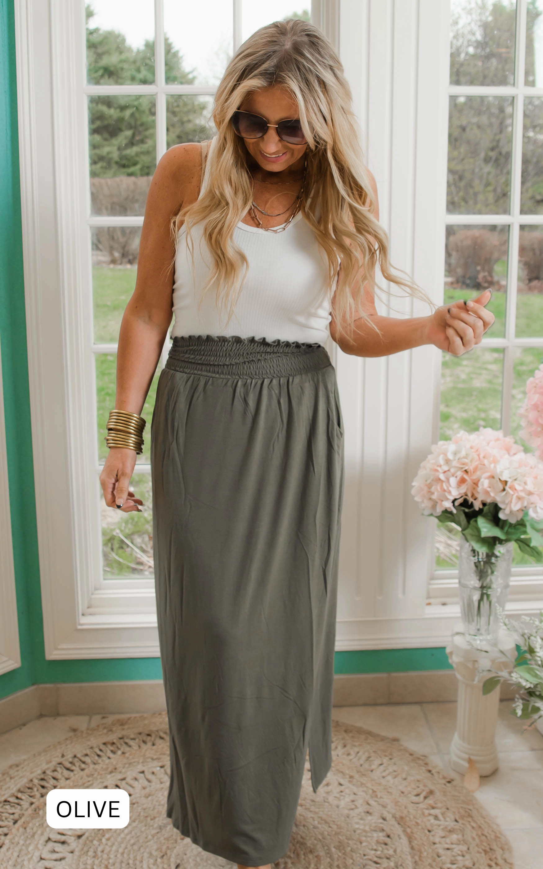 Smocked Waist Side Slit Maxi Skirt w/ Pockets Part 2 | FINAL SALE
