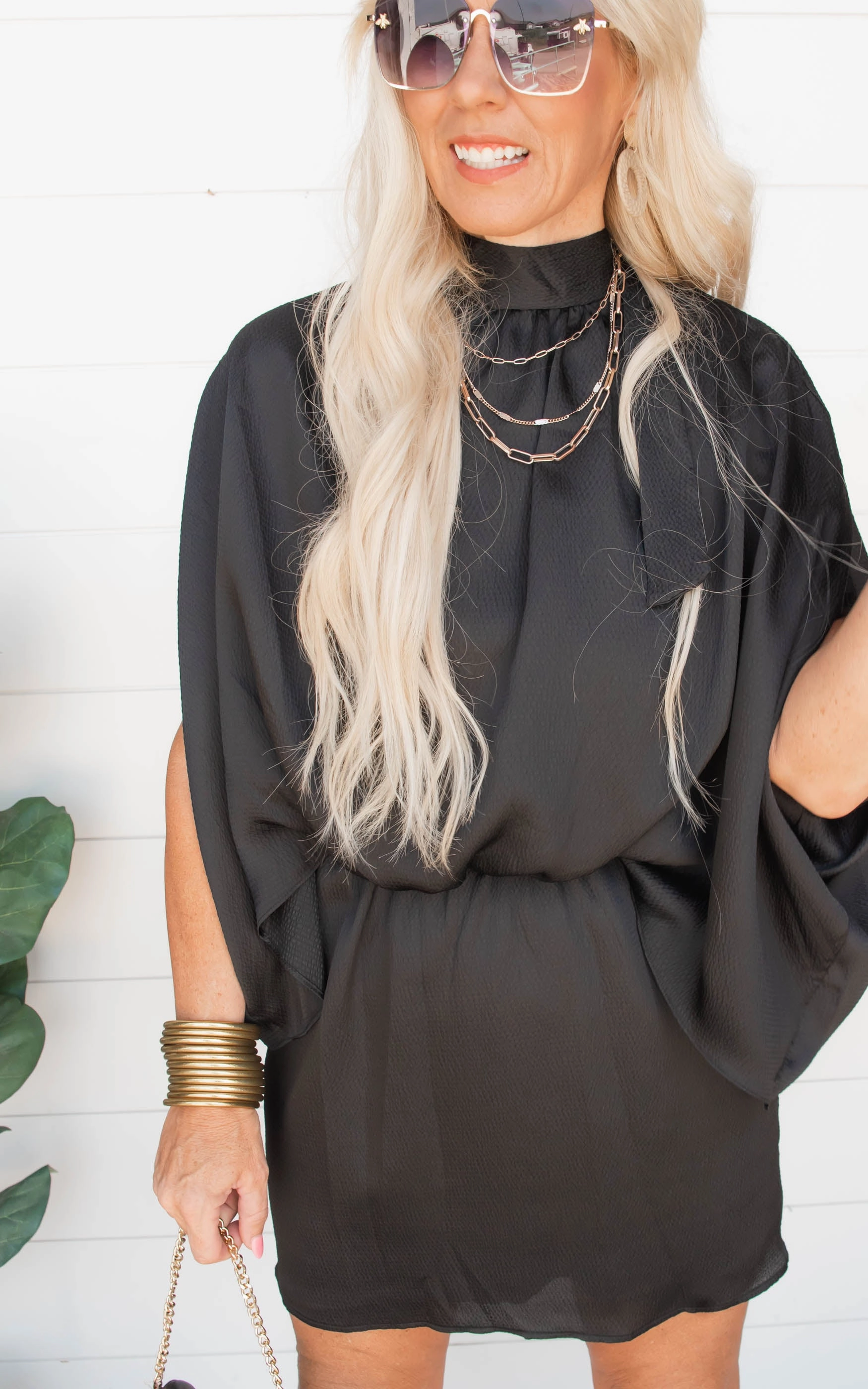 The Andrea Hammered Satin Mock Neck Caftan Mini Dress | FINAL SALE