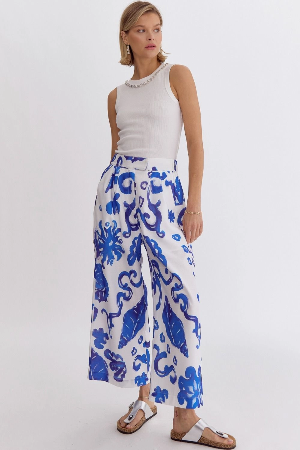 Tropical Print High-Wasited Wide Leg Pants