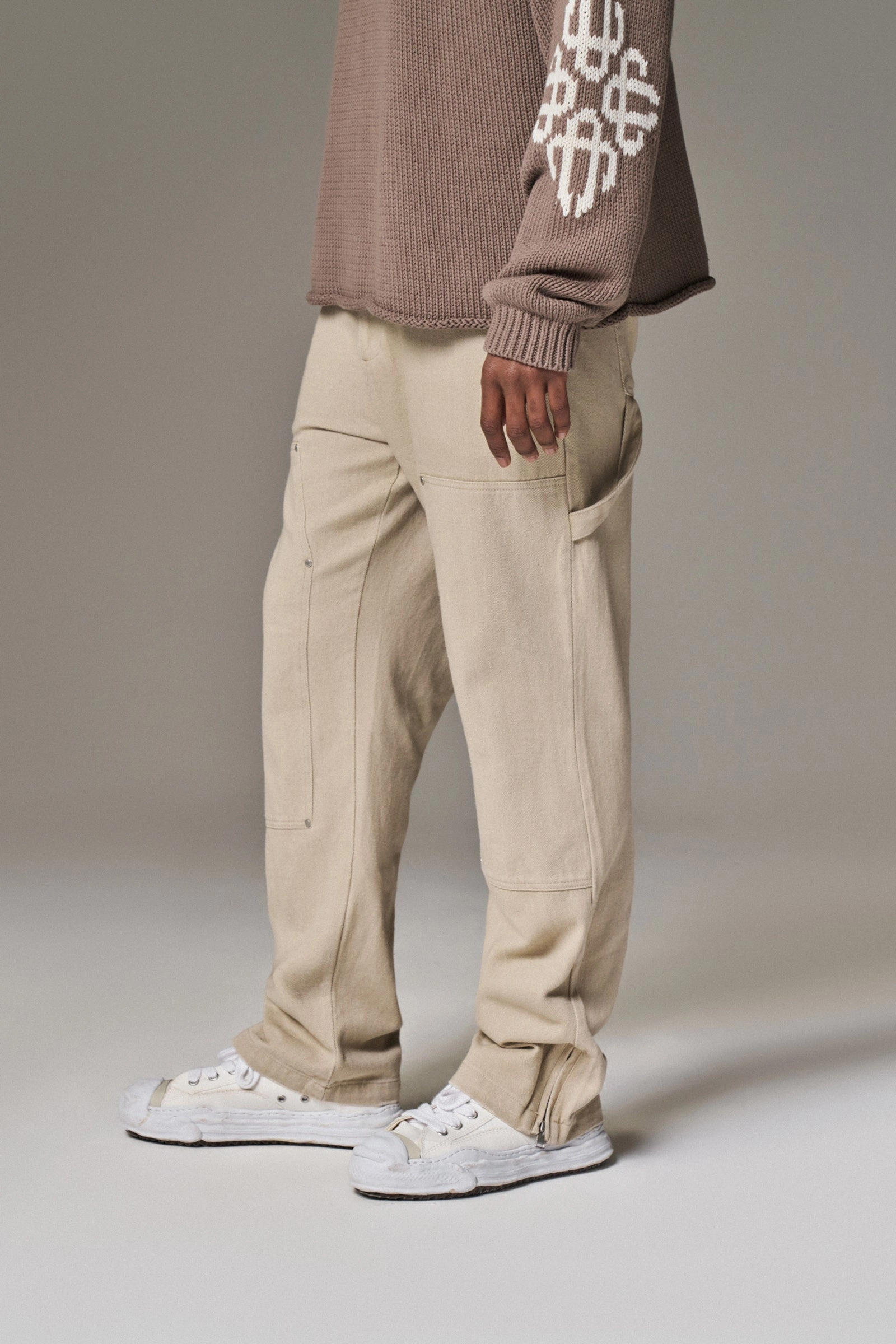 TWILL RIVET DETAIL CARPENTER PANT - BEIGE