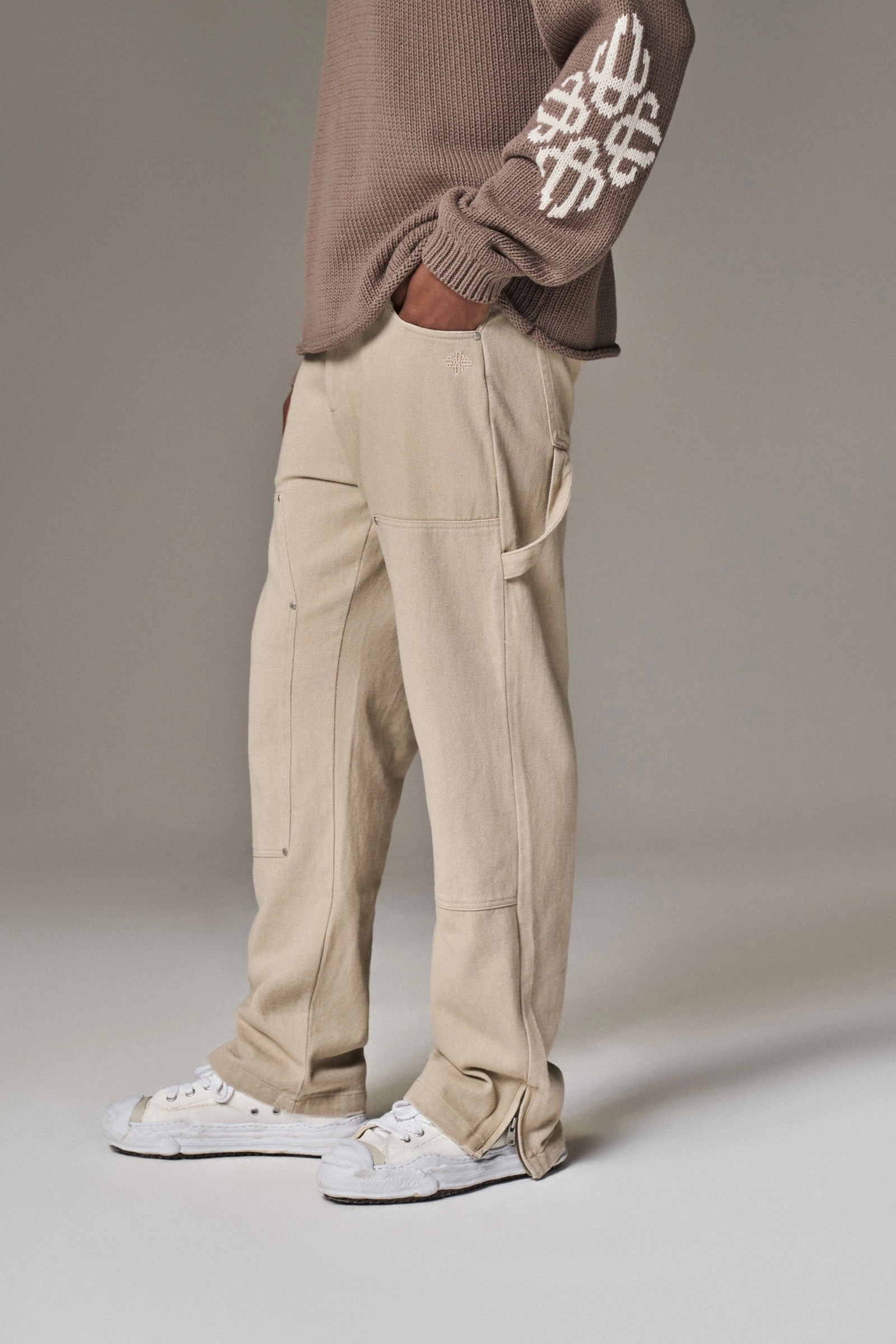 TWILL RIVET DETAIL CARPENTER PANT - BEIGE