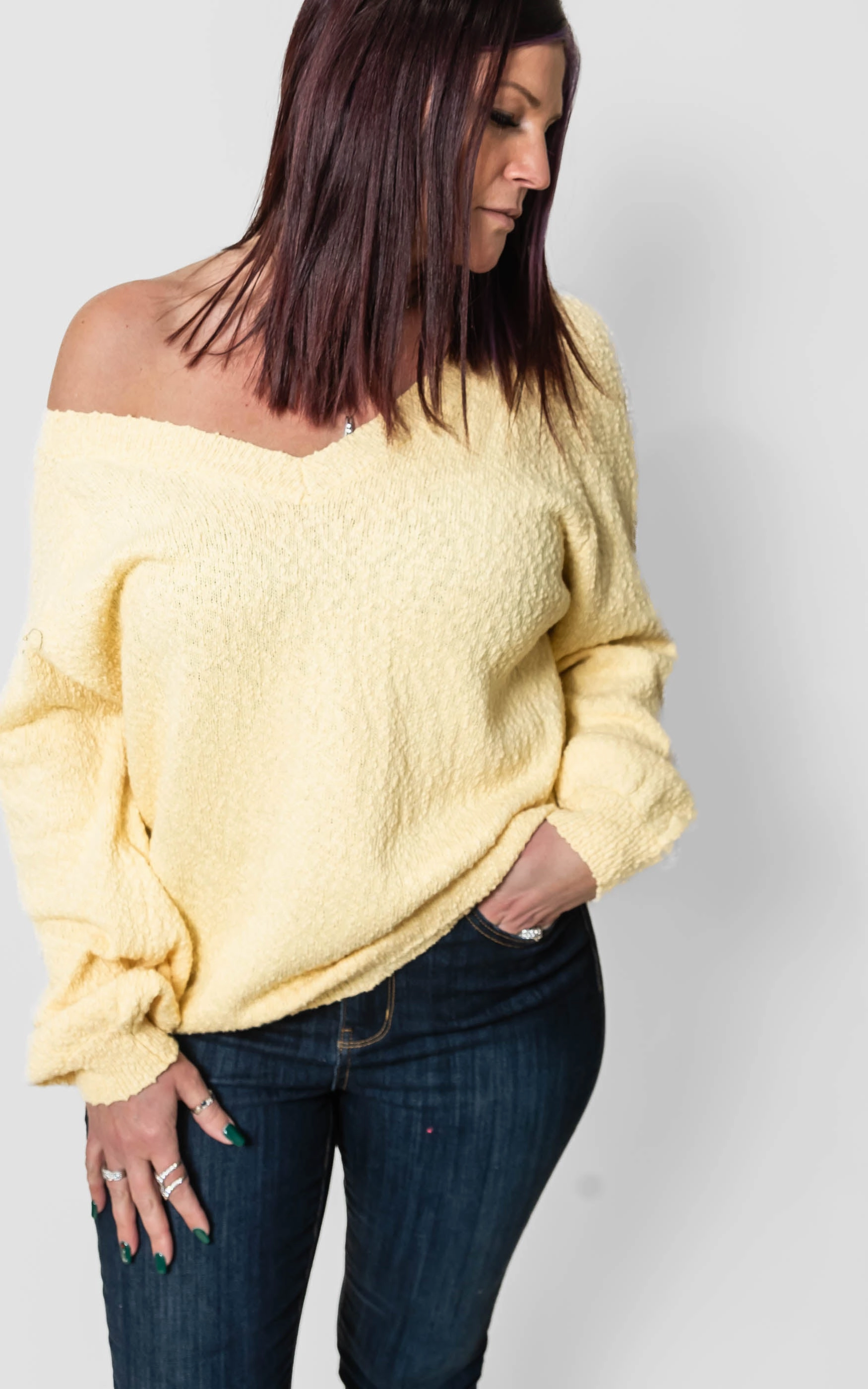 V-Neck Popcorn Sweater- Heyson