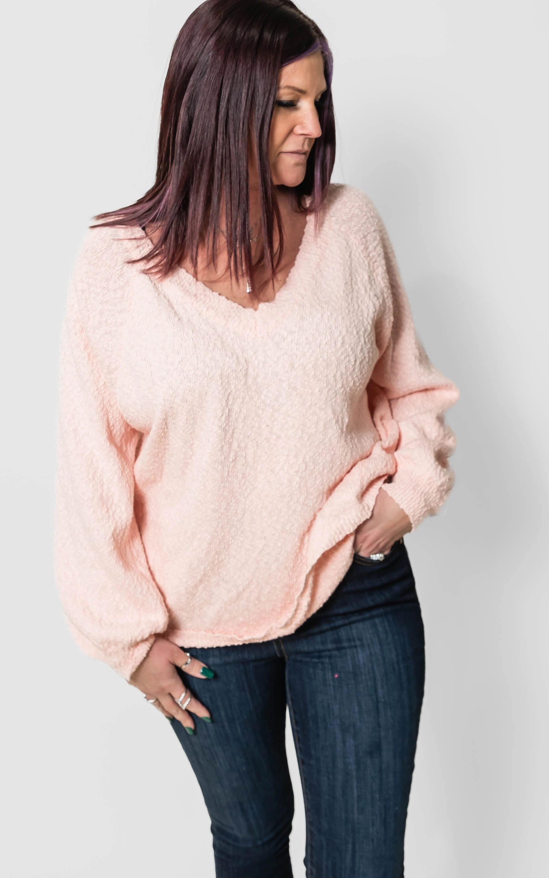 V-Neck Popcorn Sweater- Heyson