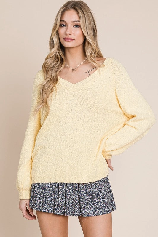 V-Neck Popcorn Sweater- Heyson