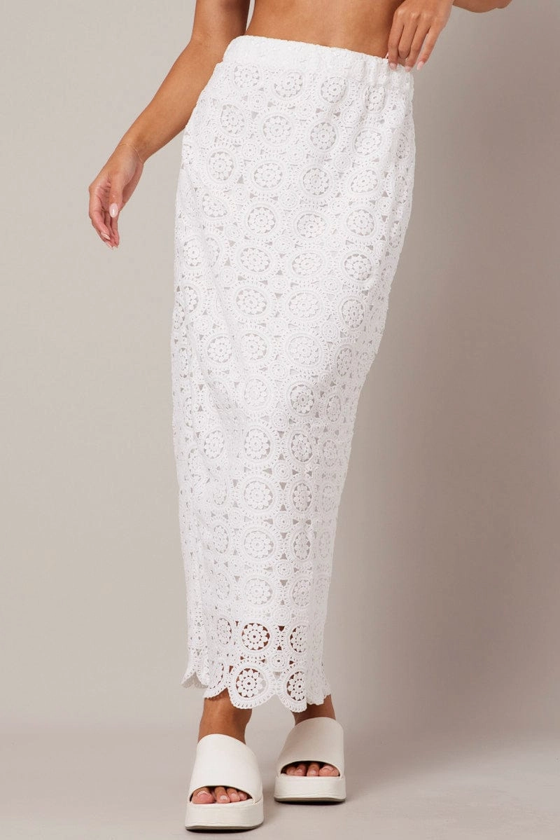 White Midi Skirt High Rise Lace