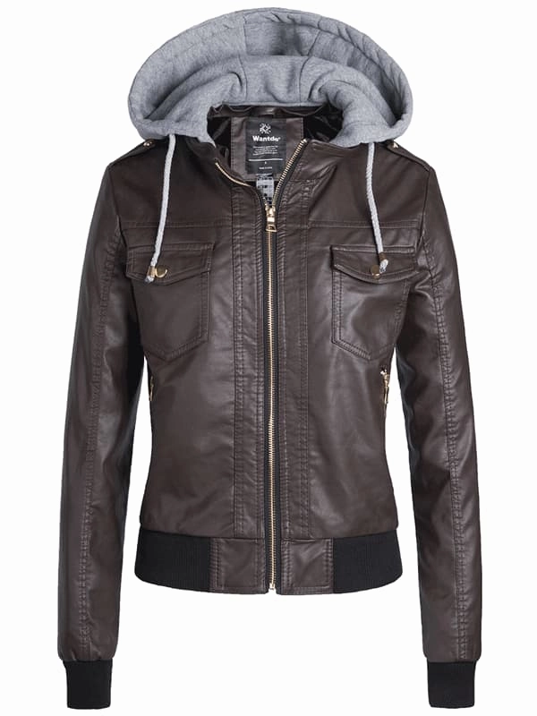Women's Hooded Faux Leather Jacket Moto Biker Jacket